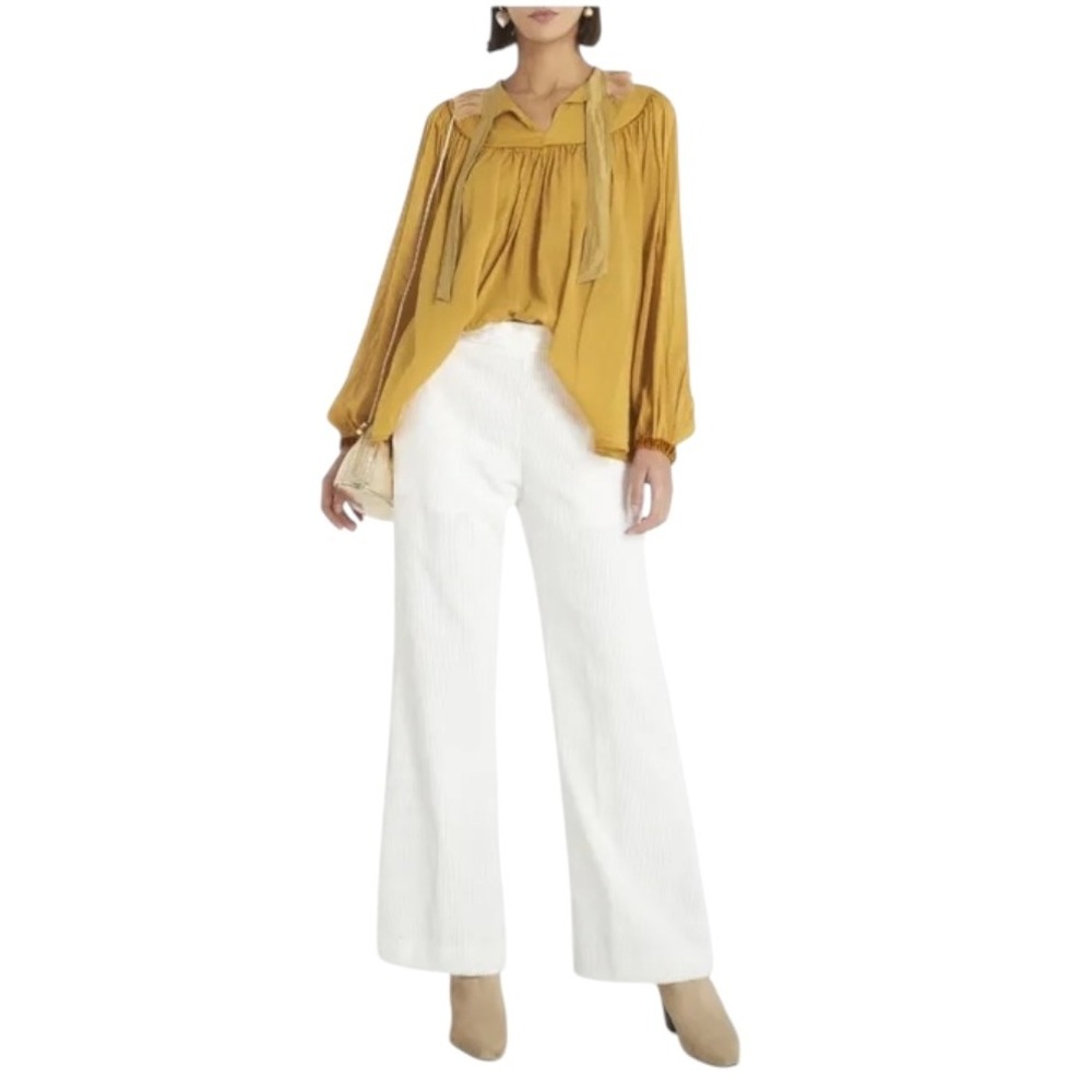 forte forte Shirt Women 4 Gold Yellow Ruffle Collar Tie Neck Blouse Bohemian‎